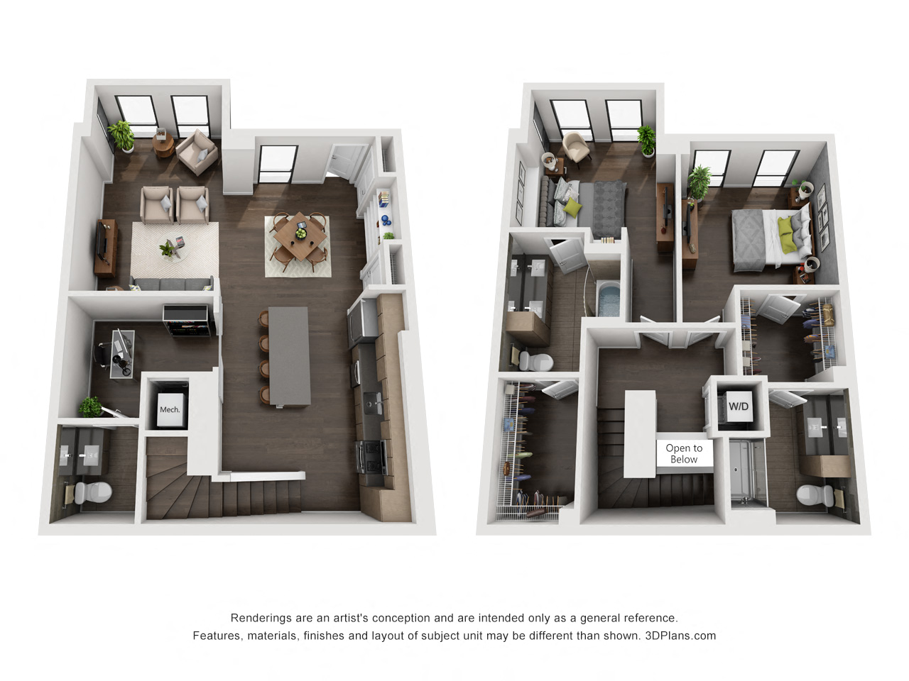 Floor plan for 2 beds, 2.5 baths, 1523 sqft